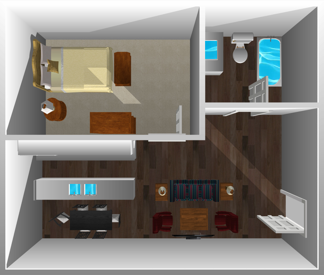 This image is the visual 3D representation of 'Plan A' in Mayberry Colony Apartments.