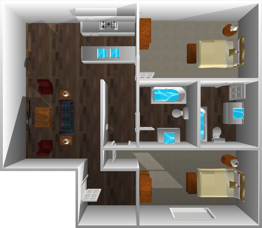 This image is the visual 3D representation of 'Plan B (Downstairs)' in Mayberry Colony Apartments.