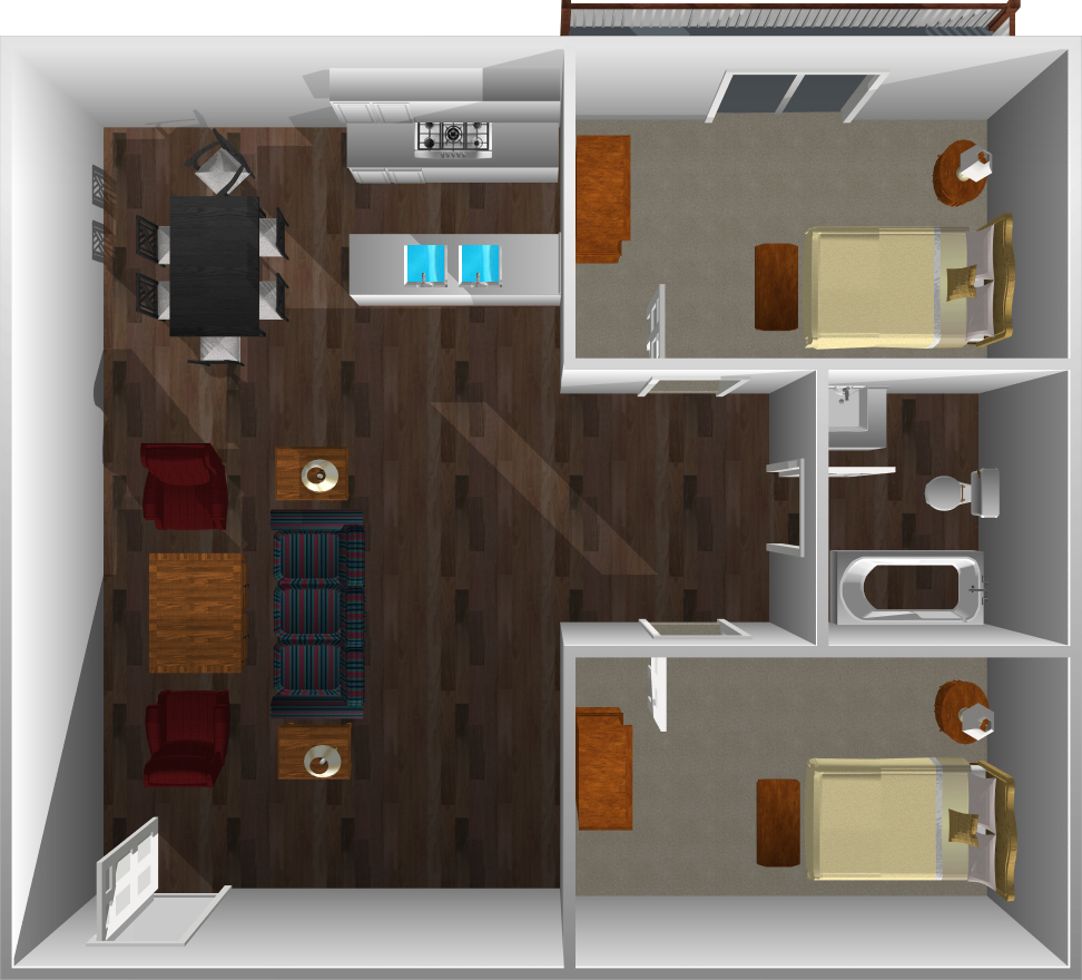 This image is the visual 3D representation of 'Plan B (Upstairs)' in Mayberry Colony Apartments.