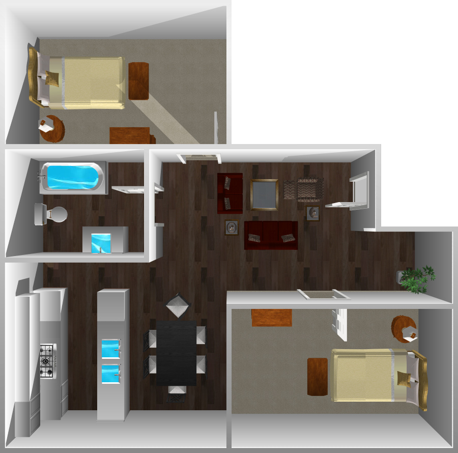 This image is the visual 3D representation of 'Plan C (Upstairs)' in Mayberry Colony Apartments.