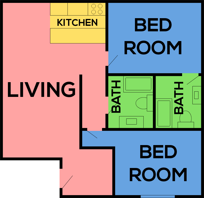 This image is the visual schematic representation of Plan B (Downstairs) in Mayberry Colony Apartments.